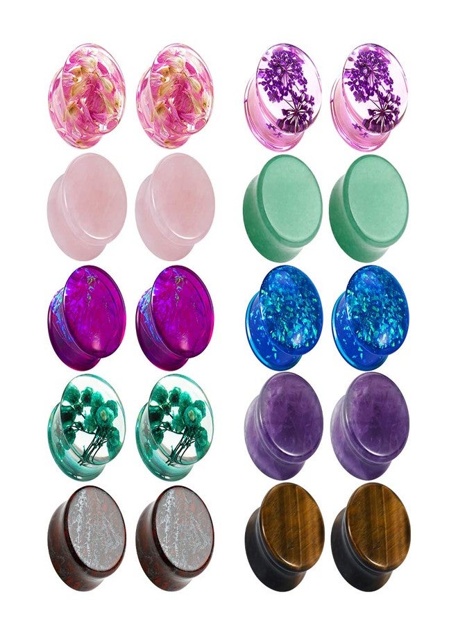 TBOSEN Set Of 10 Pairs Mixed Stone Ear Plugs Ear Gauges Ear Tunnels Double Flare Plugs Expander Body Piercing Jewelry 0g-5/8 in 8mm-16mm - Image 1